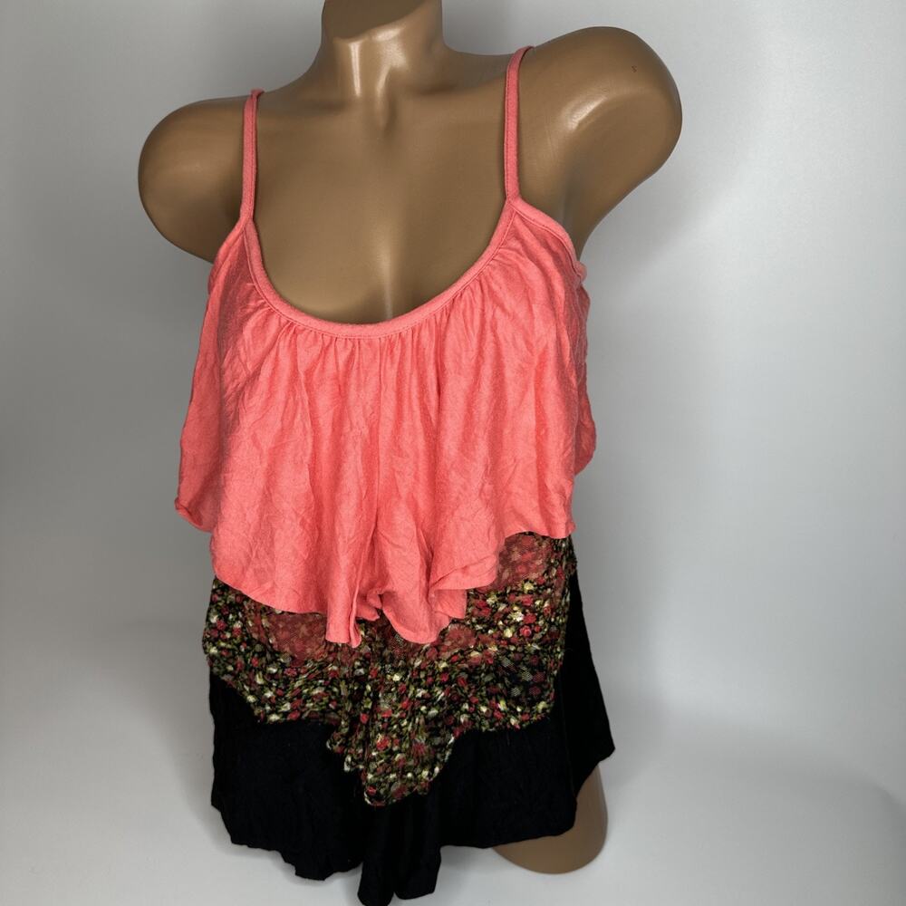 Vintage Y2K Bongo Floral Mesh Layered Cami Tank Top L Coquette Fairycore Pink